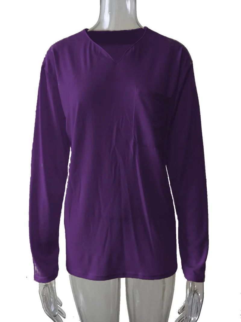 Damen nan legeres Langarmshirt mit V-Notch-Ausschnitt, Brusttasche und lockerer Oversize-Passform Drune