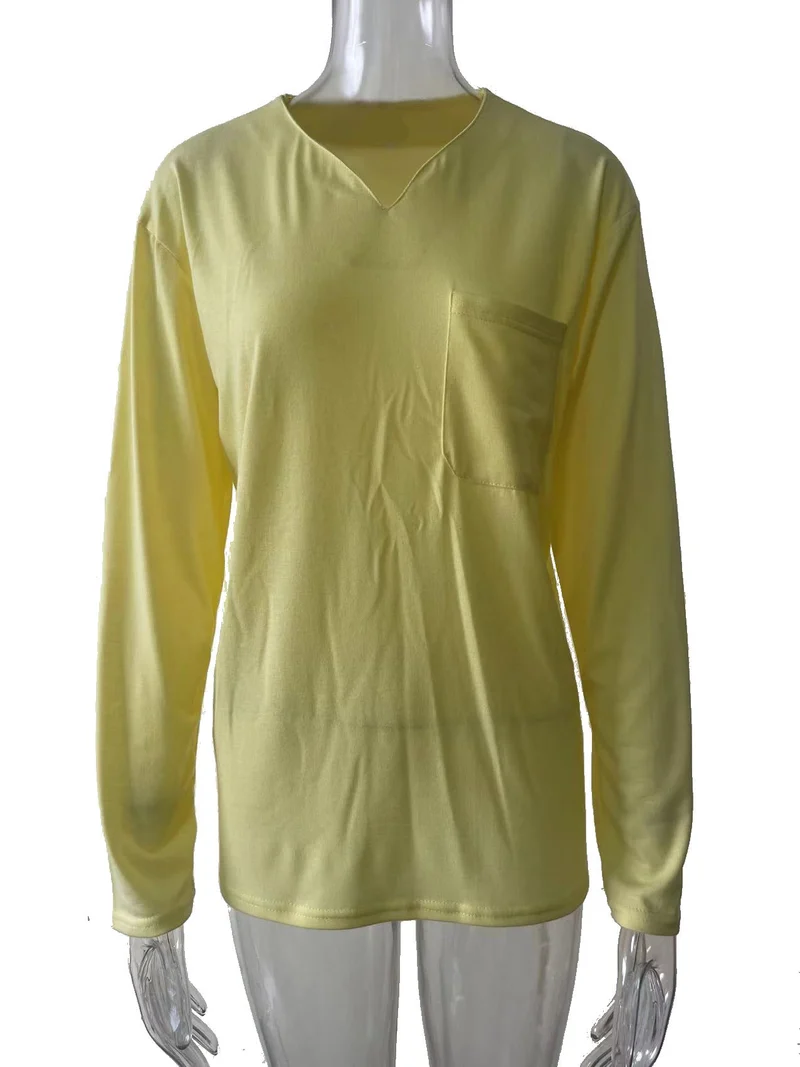 Damen nan legeres Langarmshirt mit V-Notch-Ausschnitt, Brusttasche und lockerer Oversize-Passform Drune