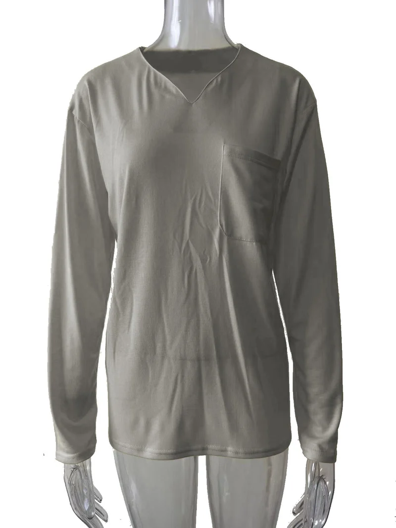Damen nan legeres Langarmshirt mit V-Notch-Ausschnitt, Brusttasche und lockerer Oversize-Passform Drune