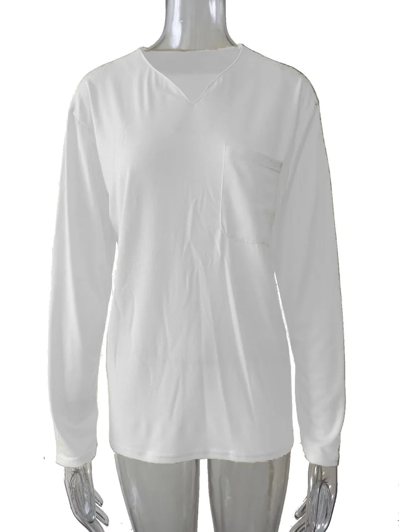 Damen nan legeres Langarmshirt mit V-Notch-Ausschnitt, Brusttasche und lockerer Oversize-Passform Drune