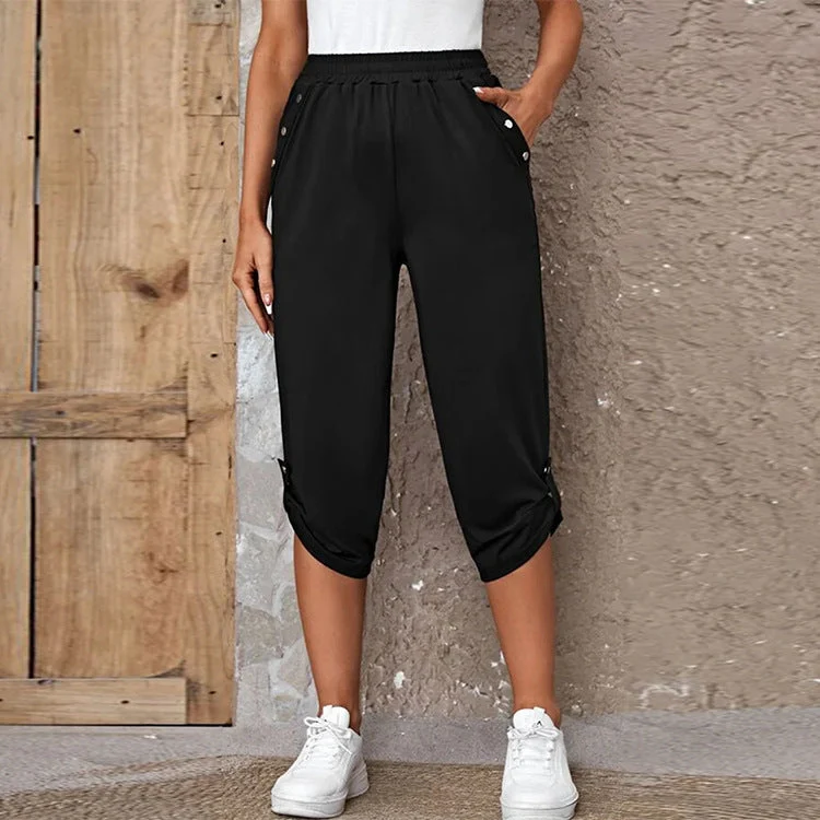 Damen nan lässige dreiviertellange Hose mit elastischem Bund, Eingrifftaschen und krempelbarem Saum Drune