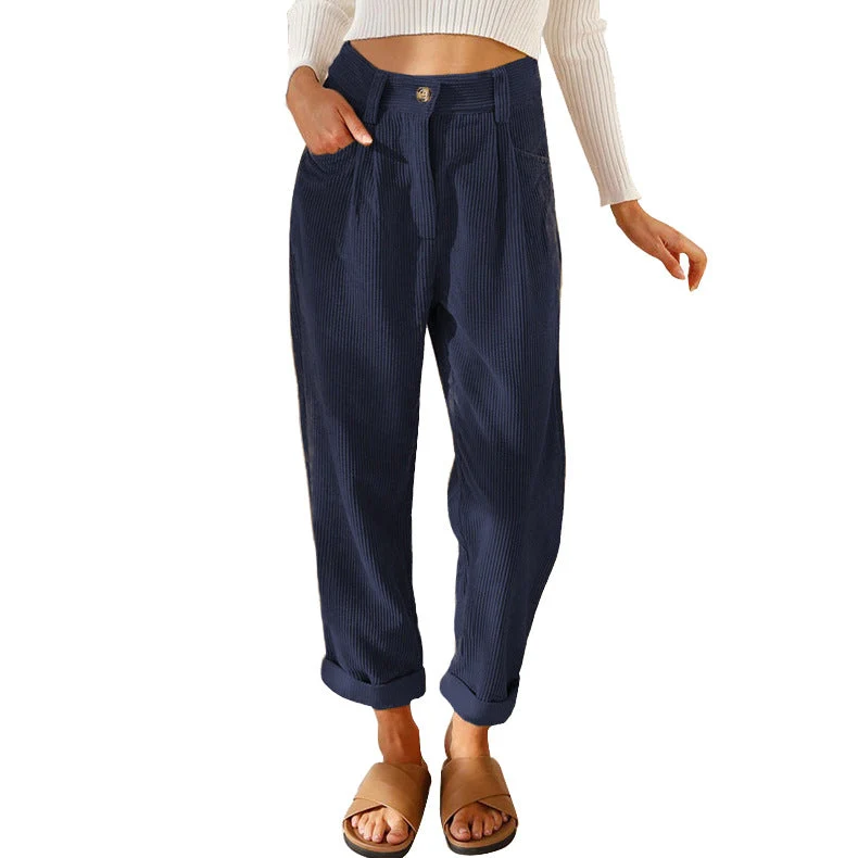 Damen nan weiche weite Cordhose mit hoher Taille, Bundfalten und umgeschlagenem Saum Drune