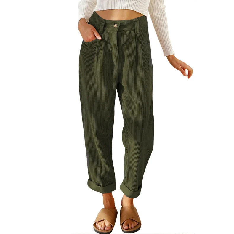 Damen nan weiche weite Cordhose mit hoher Taille, Bundfalten und umgeschlagenem Saum Drune