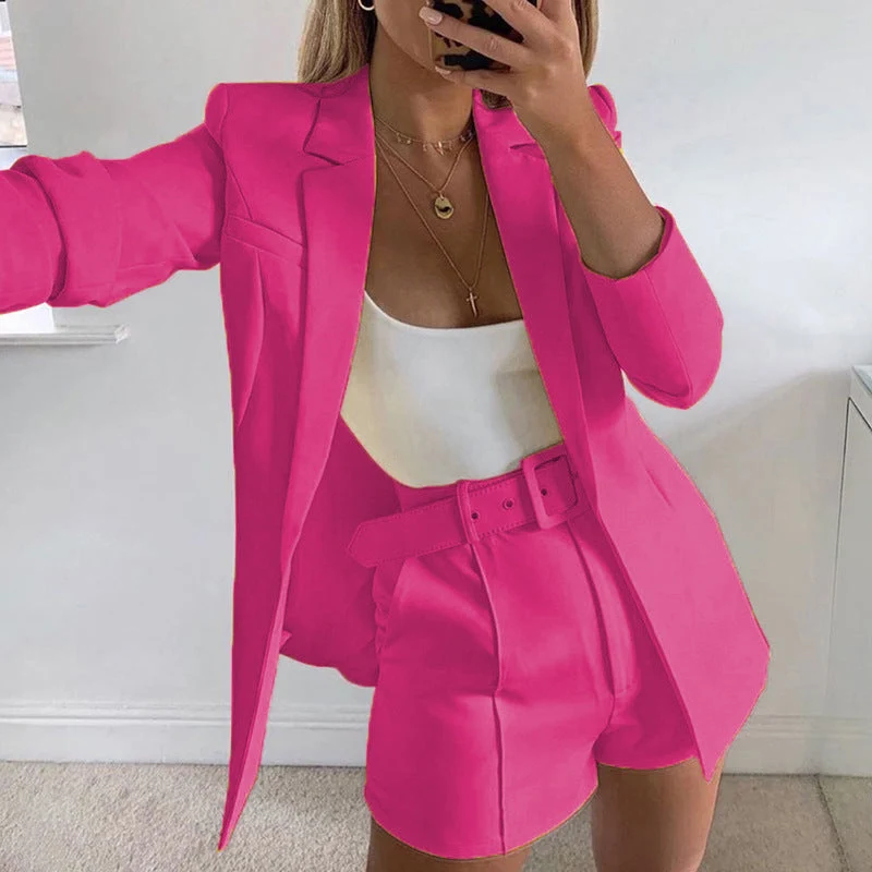 Damen nan tailliertes Longblazer-Shorts Set mit betonter Schulterpartie, hoher Taille und breitem Gürtel Drune
