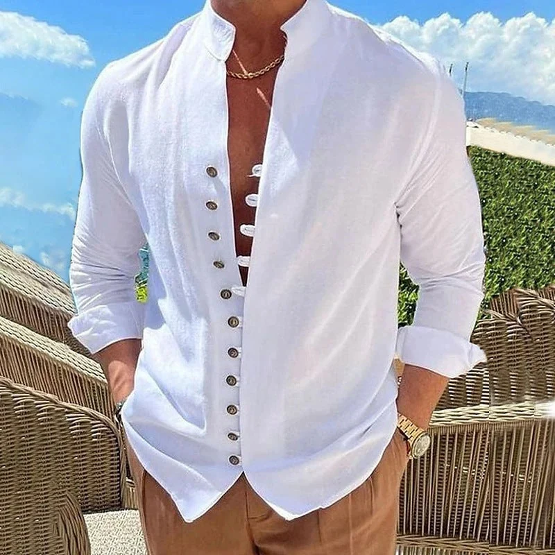 Herren nan Leinenoptik Sommerliches Freizeithemd mit Stehkragen, dekorativer Knopfleiste und krempelbaren Ärmeln Drune