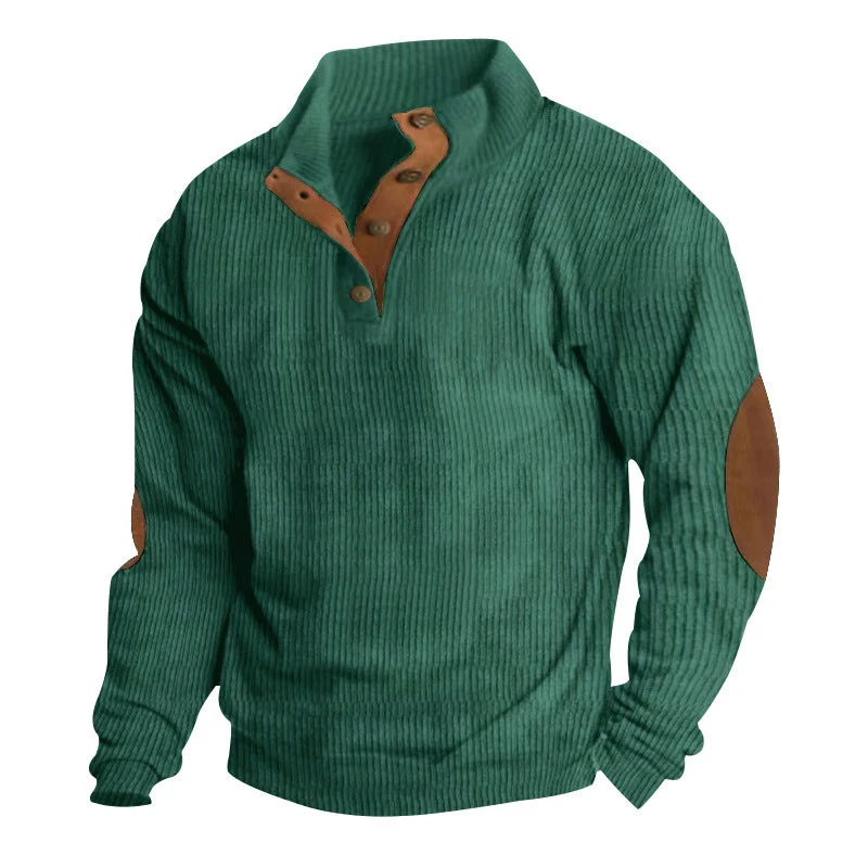 Herren nan grober Rippstrick-Pullover mit Stehkragen, Knopfleiste und markanten Ellenbogenpatches Drune