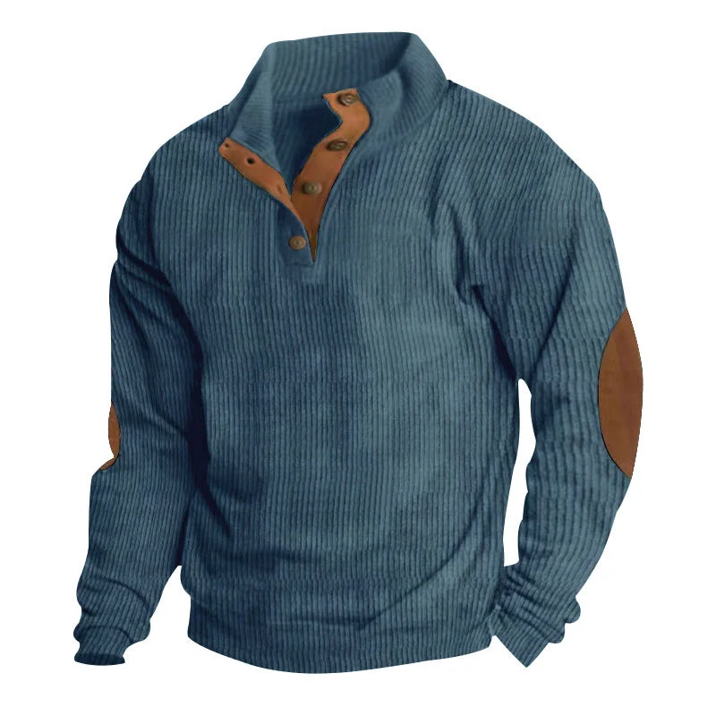 Herren nan grober Rippstrick-Pullover mit Stehkragen, Knopfleiste und markanten Ellenbogenpatches Drune