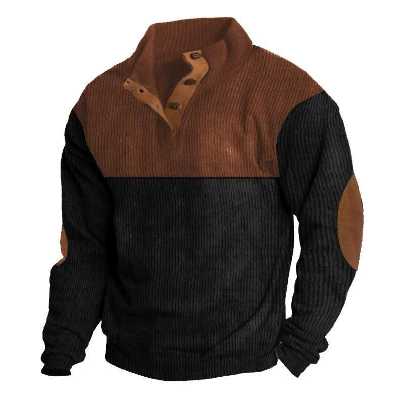 Herren nan grober Rippstrick-Pullover mit Stehkragen, Knopfleiste und markanten Ellenbogenpatches Drune
