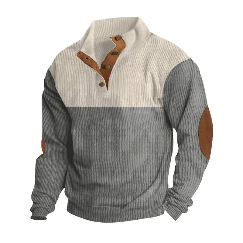 Herren nan gerippter Pullover mit Stehkragen, Knopfleiste und Ellbogen-Patches Drune