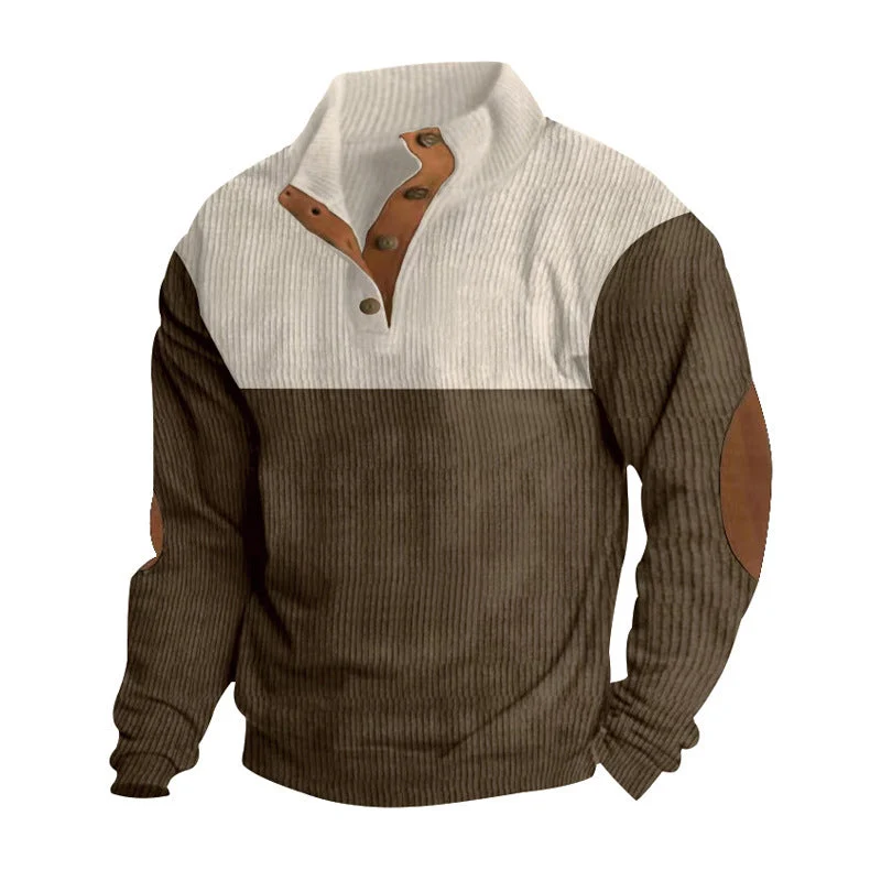 Herren nan gerippter Pullover mit Stehkragen, Knopfleiste und Ellbogen-Patches Drune