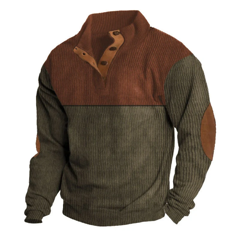 Herren nan gerippter Pullover mit Stehkragen, Knopfleiste und Ellbogen-Patches Drune