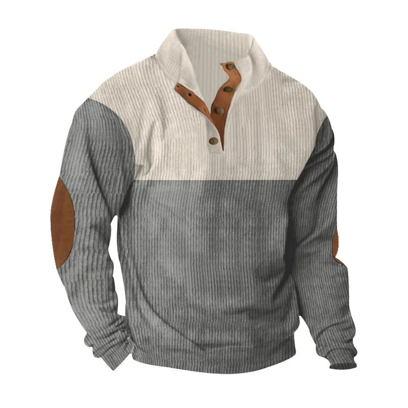 Herren nan gerippter Pullover mit Stehkragen, Knopfleiste und Ellbogen-Patches Drune