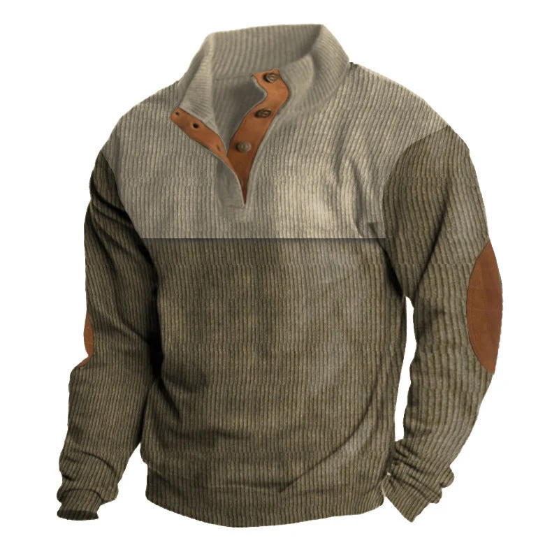 Herren nan gerippter Pullover mit Stehkragen, Knopfleiste und Ellbogen-Patches Drune
