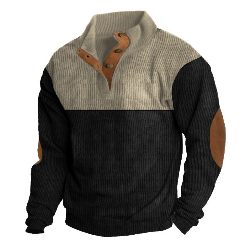 Herren nan gerippter Pullover mit Stehkragen, Knopfleiste und Ellbogen-Patches Drune