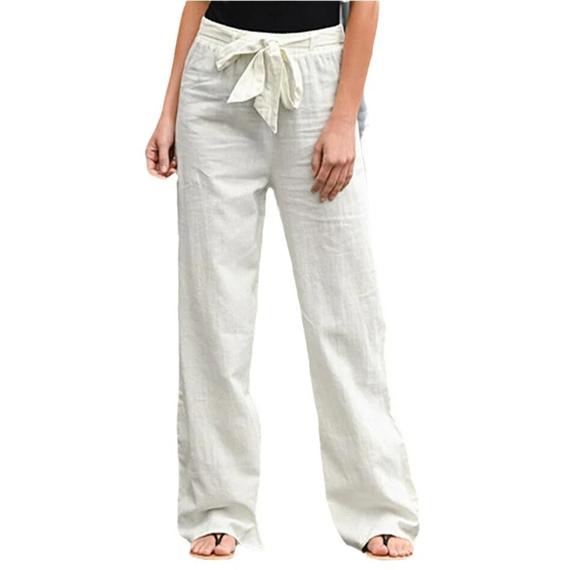 Damen nan weite Leinenhose mit Tunnelzugbund, geradem Bein und Eingrifftaschen Drune