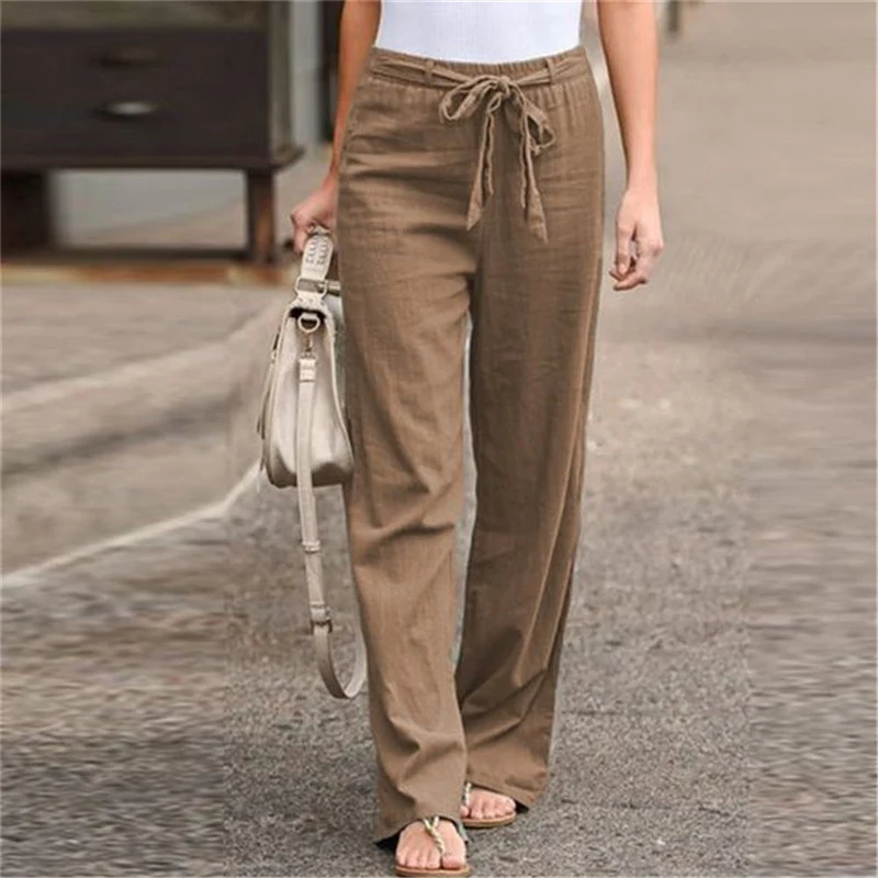 Damen nan weite Leinenhose mit Tunnelzugbund, geradem Bein und Eingrifftaschen Drune