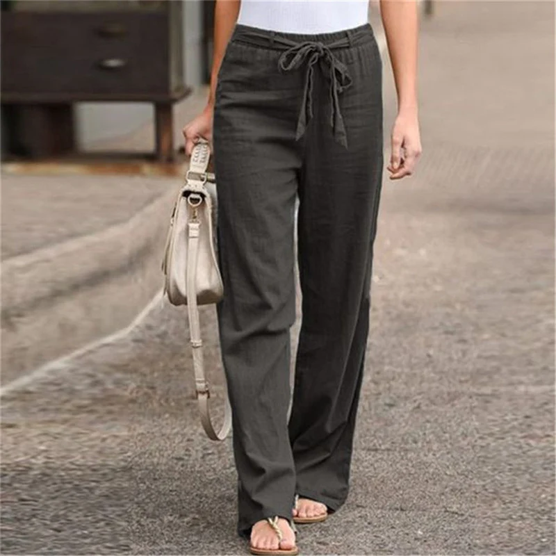 Damen nan weite Leinenhose mit Tunnelzugbund, geradem Bein und Eingrifftaschen Drune