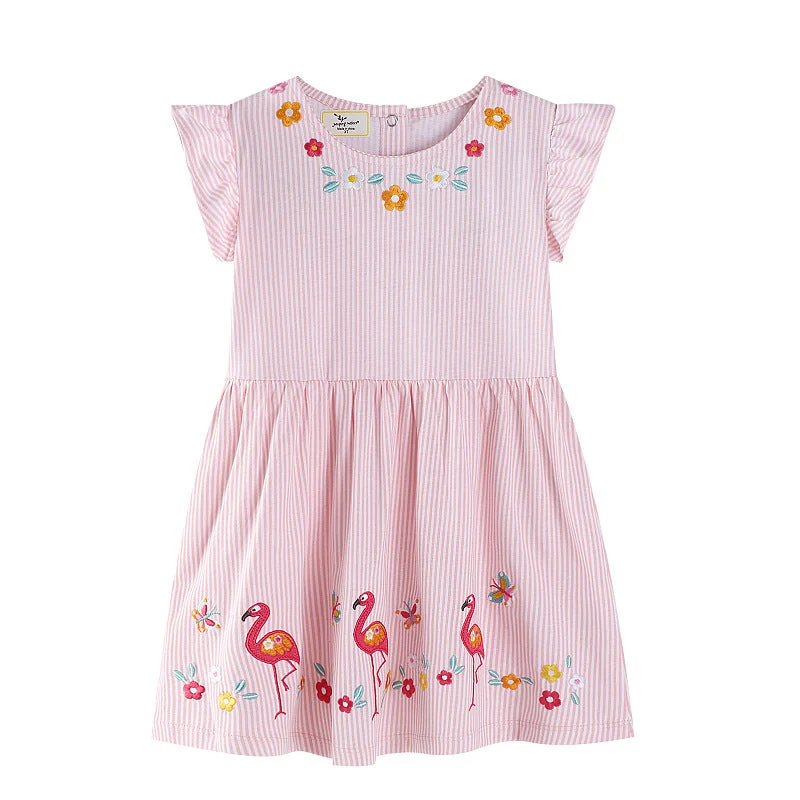 Mädchen Sommerkleid mit floralem Design und verspielten Flamingo-Applikationen Drune
