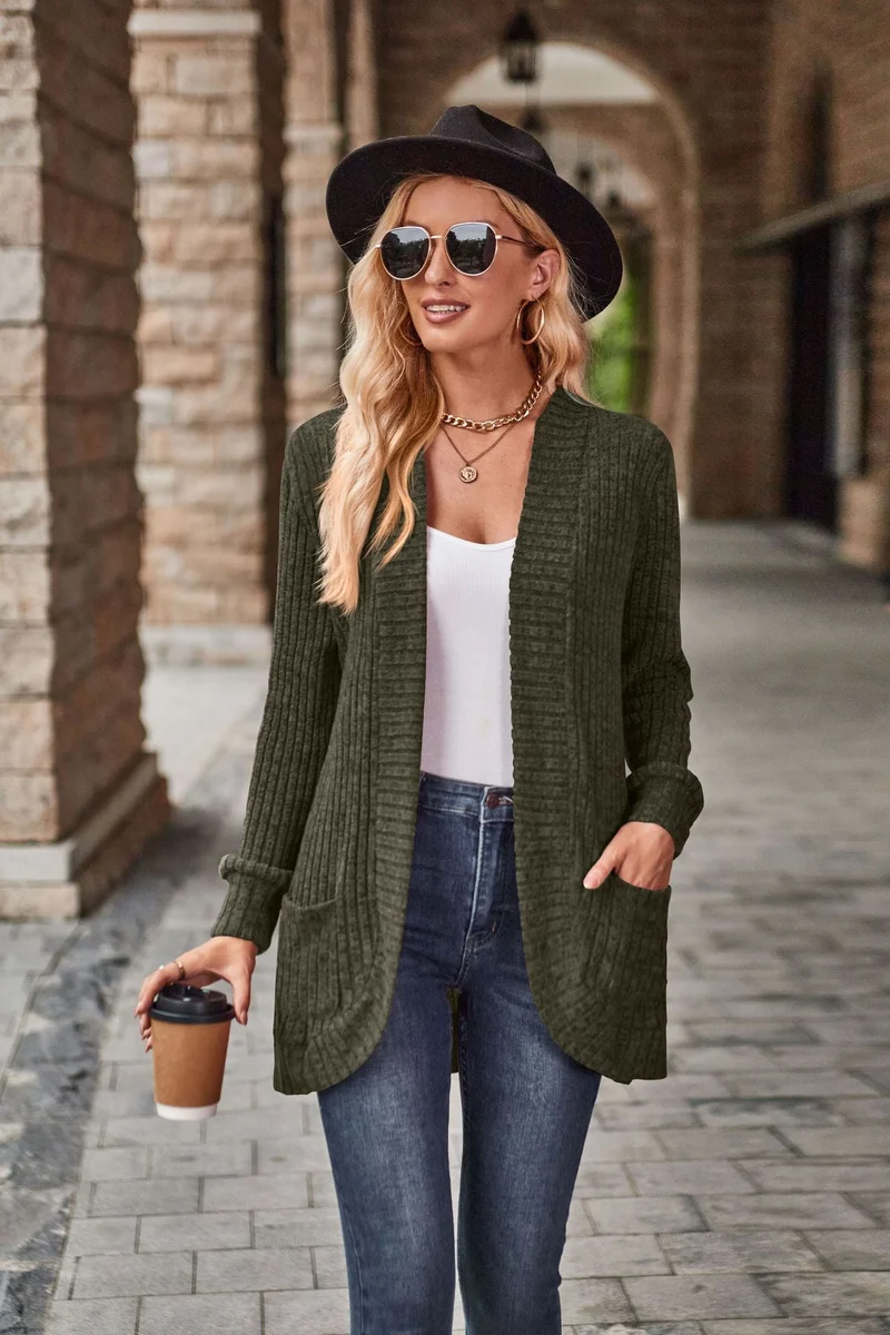 Damen nan langer gerippter Cardigan mit aufgesetzten Taschen und offener Front Drune