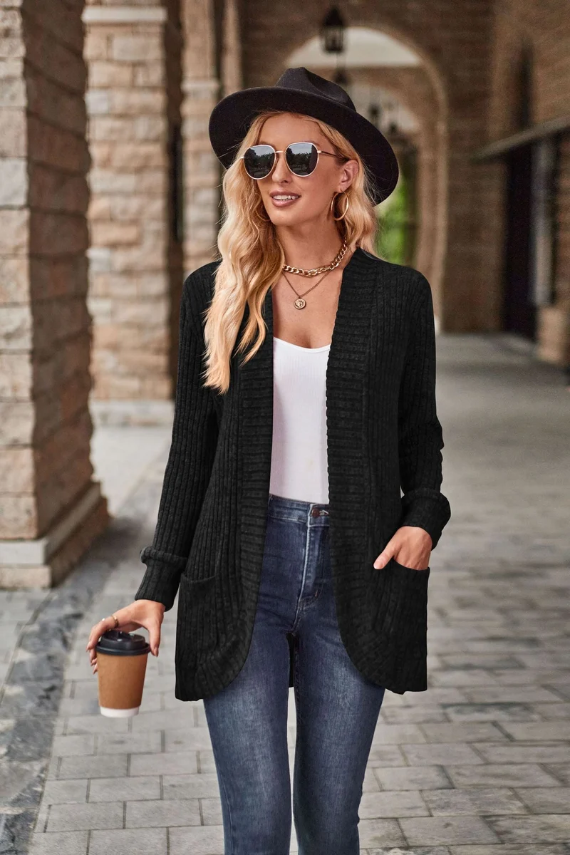 Damen nan langer gerippter Cardigan mit aufgesetzten Taschen und offener Front Drune