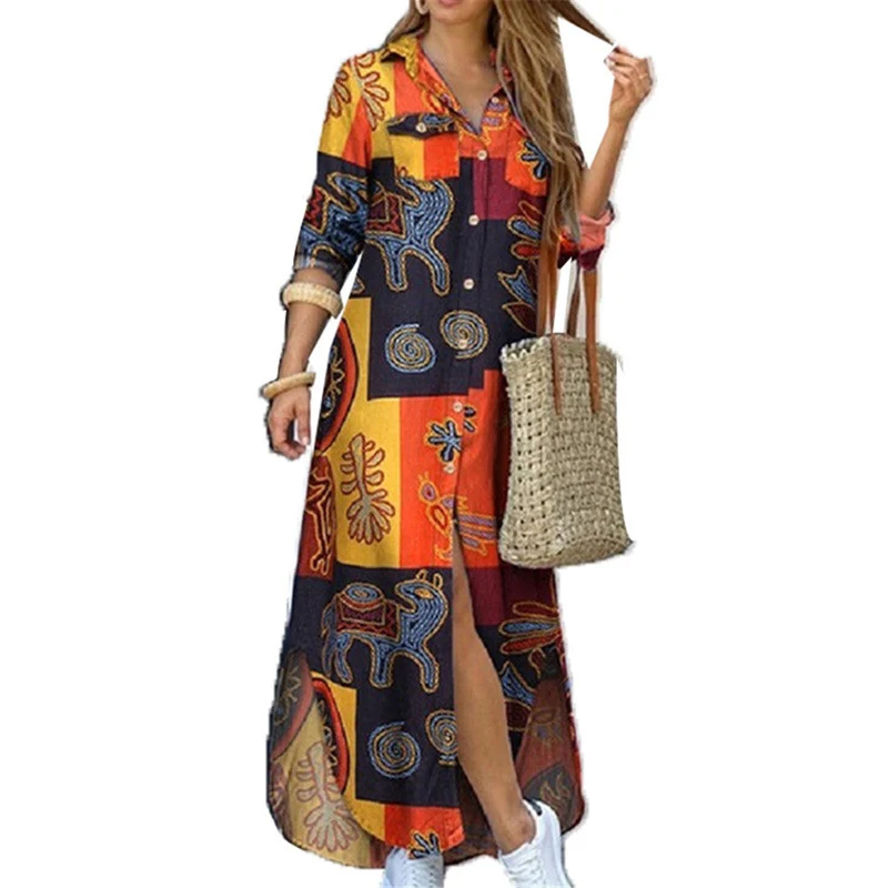 Damen nan langes Hemdkleid mit floralem Muster und seitlichem Schlitz Drune