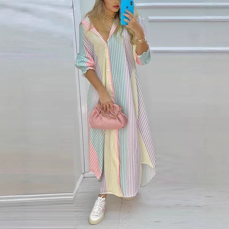 Damen nan knopfbares Maxi-Hemdkleid mit geometrischem Muster, V-Ausschnitt, Kentkragen und hohem Beinschlitz Drune