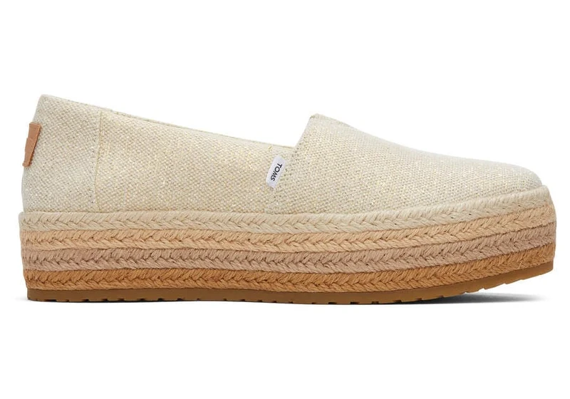 TOMS Plateau-Espadrille „Valencia“ für Damen – Dunkles, natürliches Metallic-Leinen