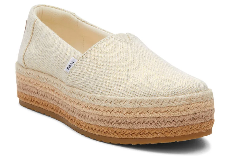 TOMS Plateau-Espadrille „Valencia“ für Damen – Dunkles, natürliches Metallic-Leinen
