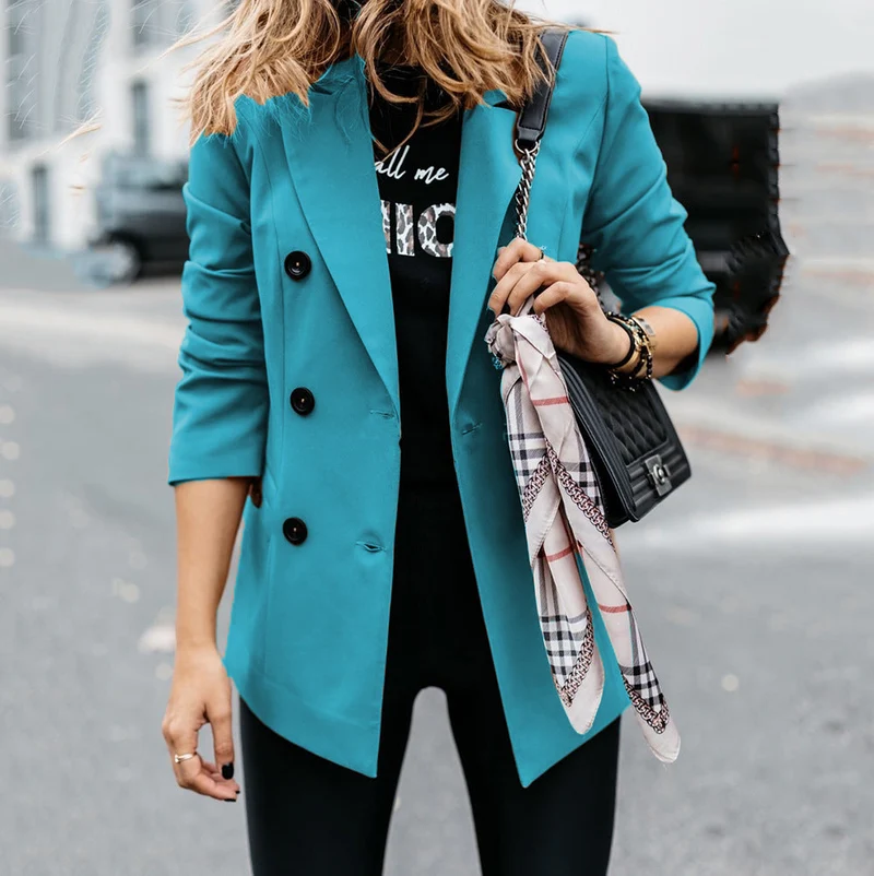 Damen nan taillierter Longblazer mit doppelreihiger Knopfleiste, Reverskragen und Eingrifftaschen Drune
