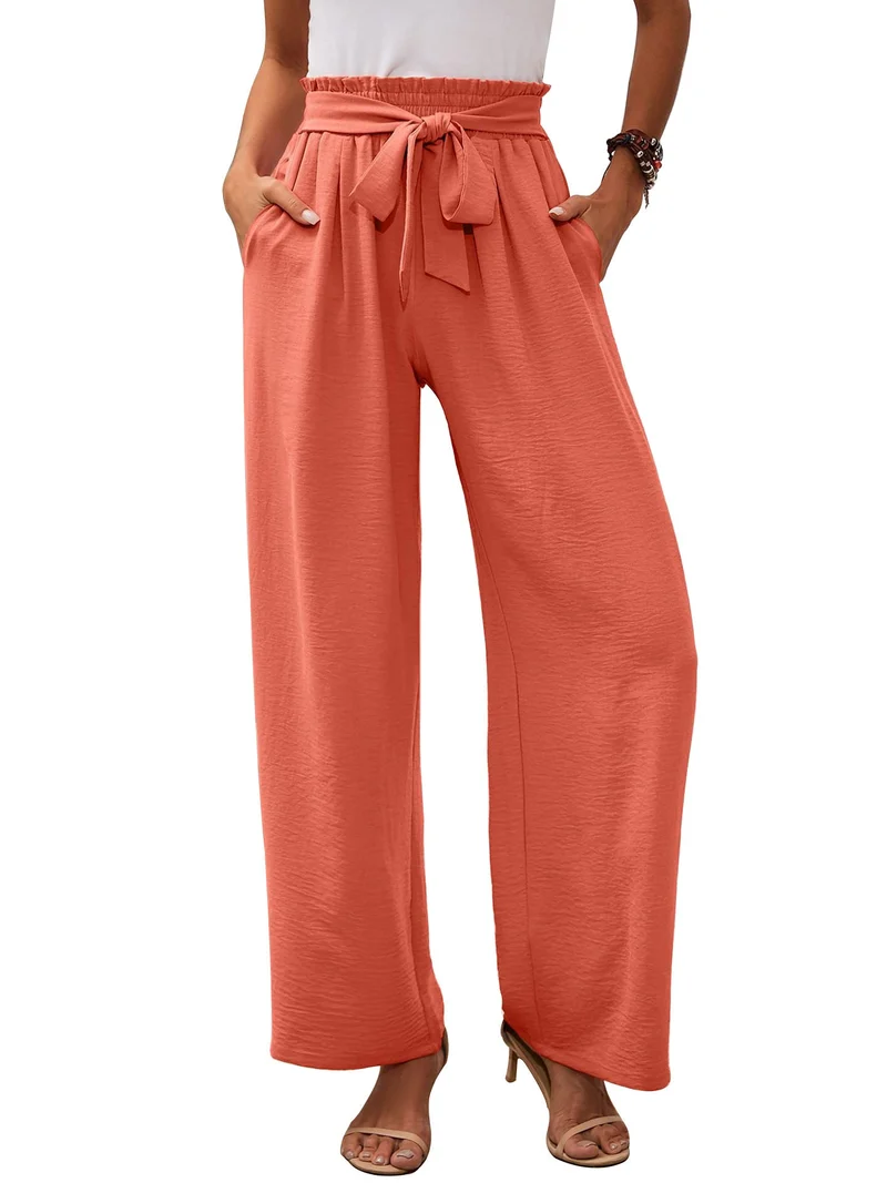 Damen nan Paperbag-Hose mit weitem Bein, hohem elastischem Bund und Bindegürtel Drune