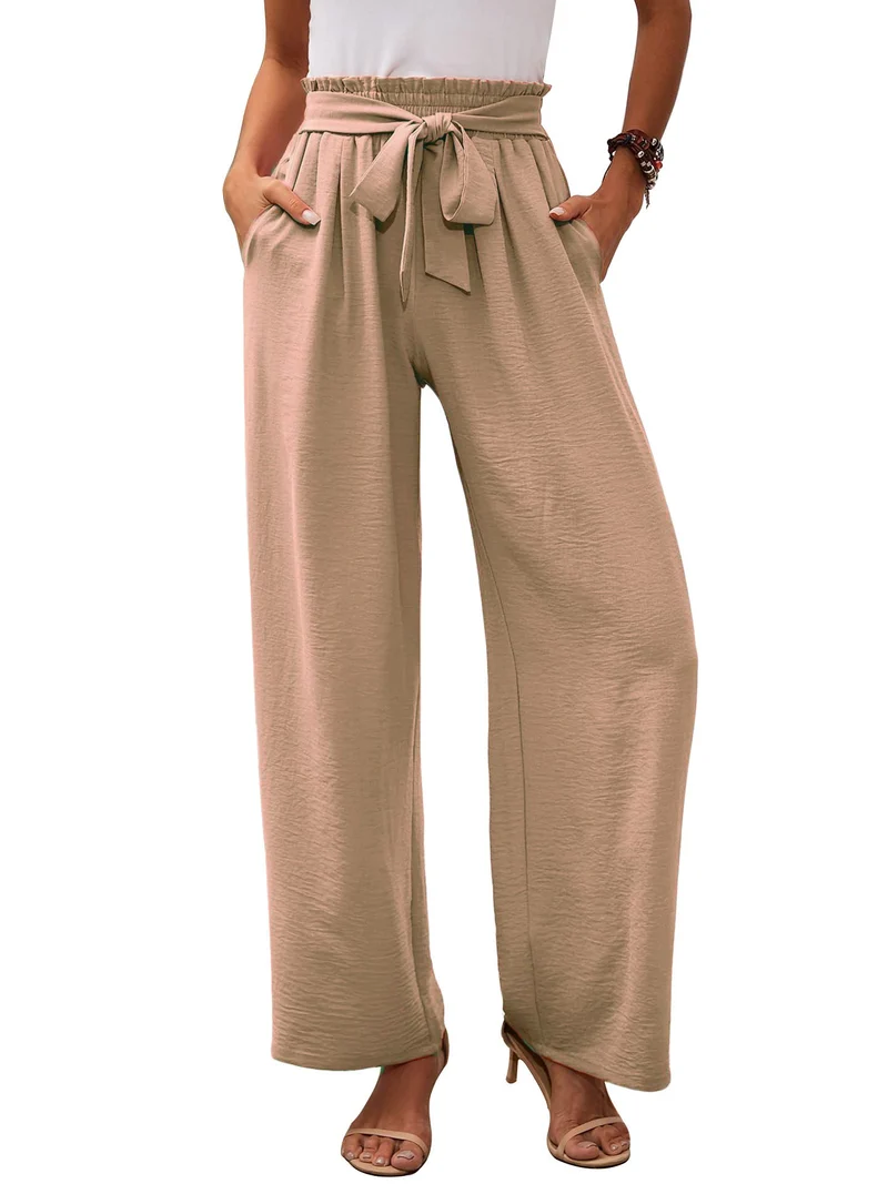 Damen nan Paperbag-Hose mit weitem Bein, hohem elastischem Bund und Bindegürtel Drune