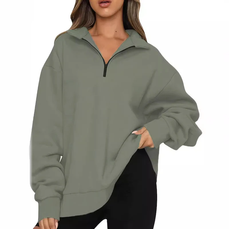 Damen nan Oversized Sweatshirt mit Kurzreißverschluss, Stehkragen und Kängurutasche Drune