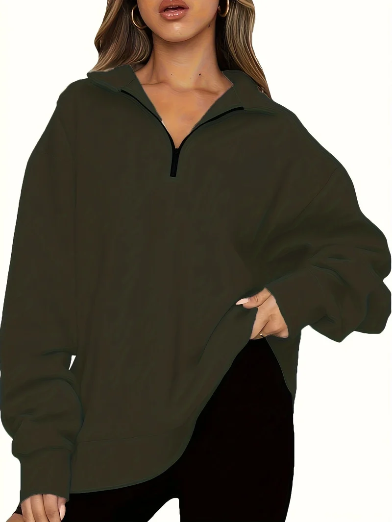 Damen nan Oversized Sweatshirt mit Kurzreißverschluss, Stehkragen und Kängurutasche Drune