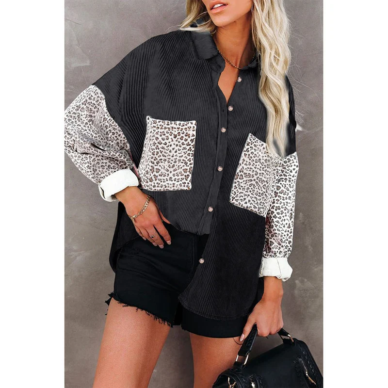 Damen nan oversized Hemdbluse mit Strukturstoff, Kontrastärmeln im Leo-Print und aufgesetzten Taschen Drune