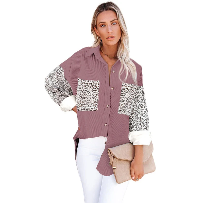 Damen nan oversized Hemdbluse mit Strukturstoff, Kontrastärmeln im Leo-Print und aufgesetzten Taschen Drune