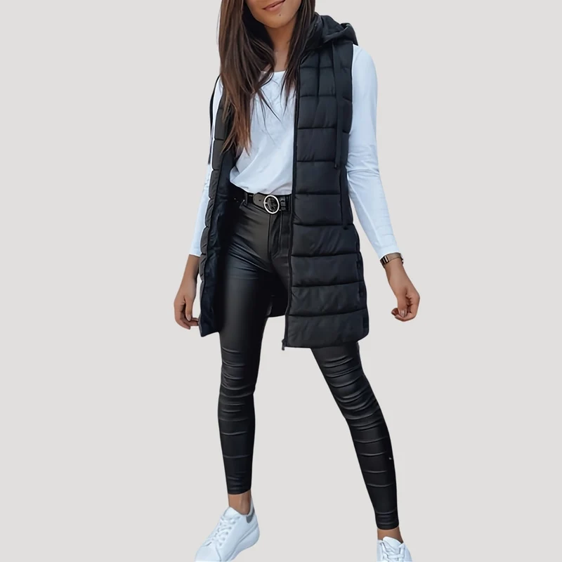 Drune | Frauen langes Gilet mit Kapuze gepolsterter Winter-Puffer