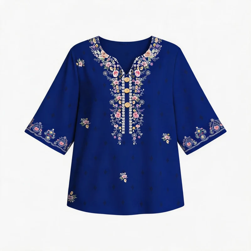 Damen Bluse mit Blumenmuster und Knopfleiste Drune