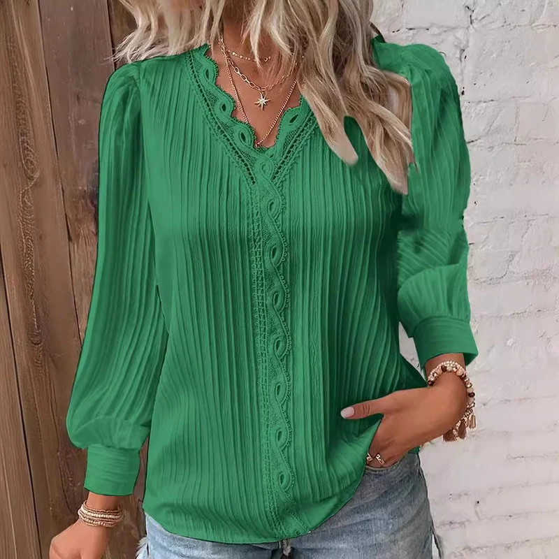 Damen nan romantische V-Ausschnitt Spitzenbluse mit Plissee und Puffärmeln Drune