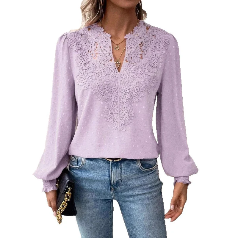 Damen nan Spitzenapplikation V-Ausschnitt Bluse mit Strukturpunkt, gerafften Manschetten und leicht taillierter Silhouette Drune