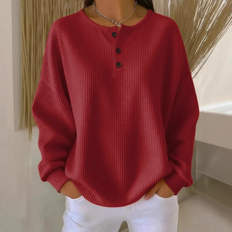 Damen nan Oversized Waffelstrick Henley-Pullover mit Knopfleiste und abgerundetem Saum Drune