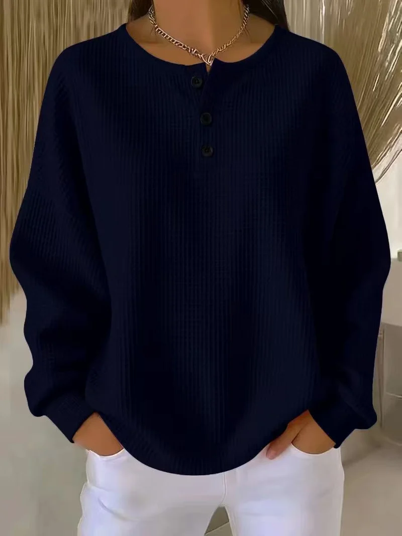 Damen nan Oversized Waffelstrick Henley-Pullover mit Knopfleiste und abgerundetem Saum Drune