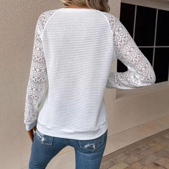 Damen nan Pullover mit Waffelstruktur, Raglanform und transparenter Spitzenärmel Drune
