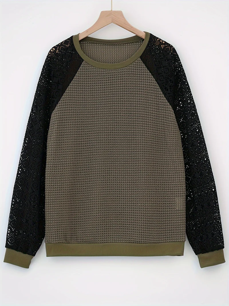 Damen nan Pullover mit Waffelstruktur, Raglanform und transparenter Spitzenärmel Drune