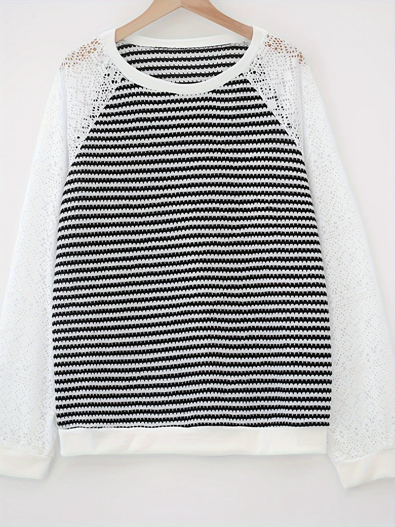 Damen nan Pullover mit Waffelstruktur, Raglanform und transparenter Spitzenärmel Drune
