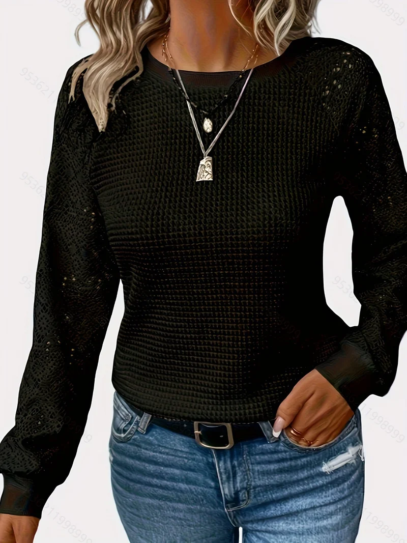 Damen nan Pullover mit Waffelstruktur, Raglanform und transparenter Spitzenärmel Drune