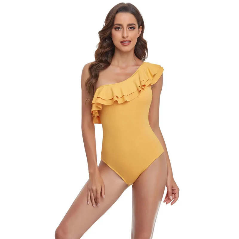 Damen Einteiler Badeanzug mit asymmetrischem Rüschendesign Drune