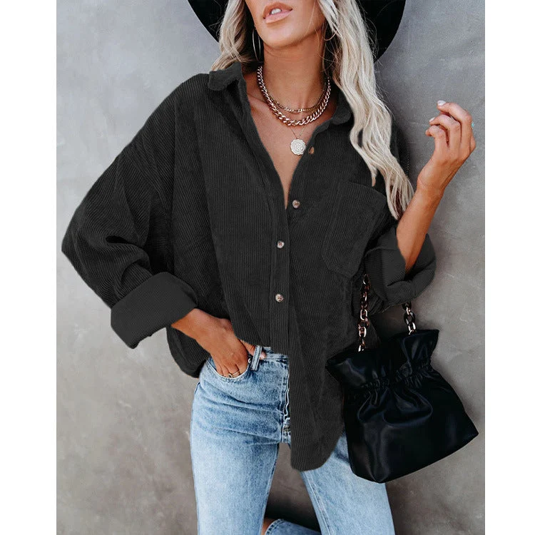 Damen nan oversized Cordhemd mit Brusttasche, Hemdkragen und aufgerollten Ärmeln Drune