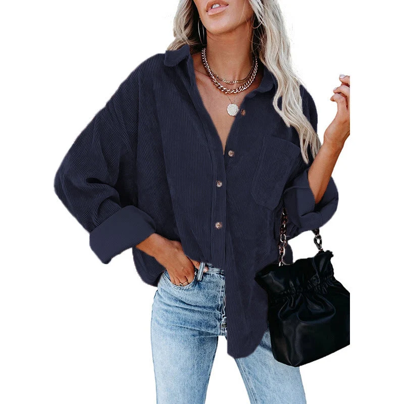 Damen nan oversized Cordhemd mit Brusttasche, Hemdkragen und aufgerollten Ärmeln Drune