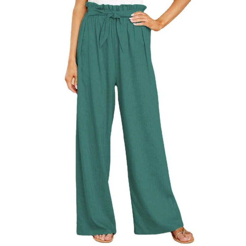 Damen nan Leinenhose mit Paperbag-Bund und weitem Bein Drune