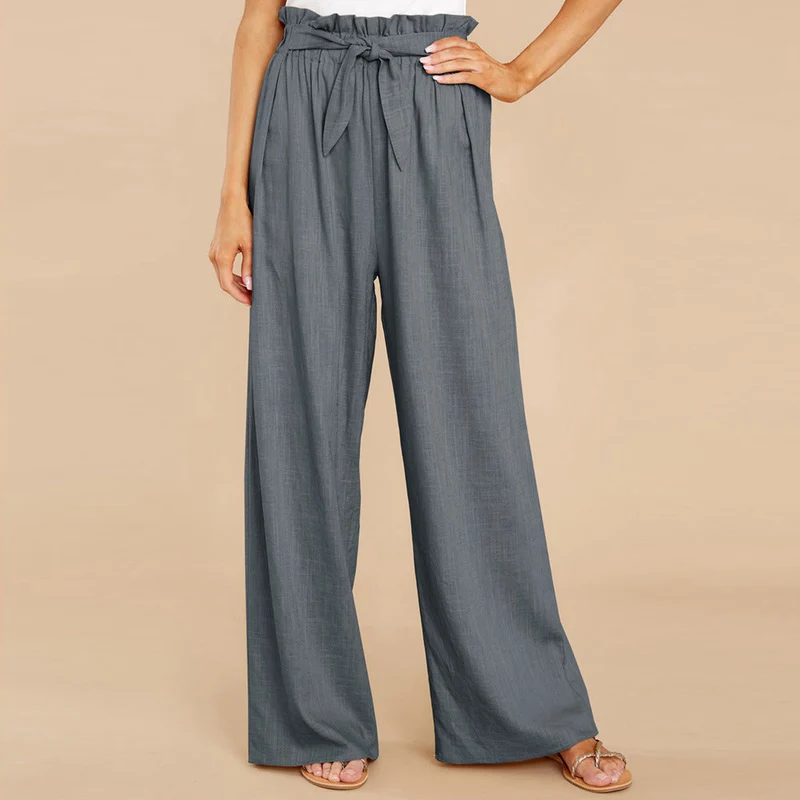 Damen nan Leinenhose mit Paperbag-Bund und weitem Bein Drune